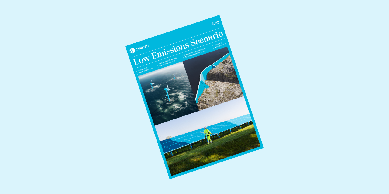 Copertina del Low Emissions Scenario, che include una diga, pannelli solari ed eolico offshore